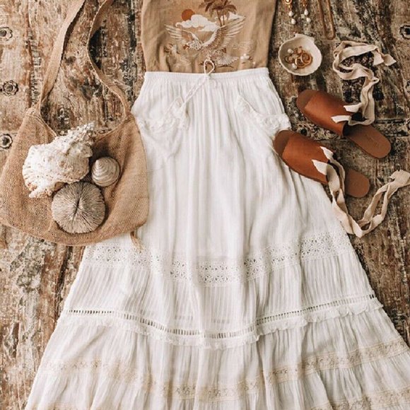 New Bohemian White Lace Tassel Tie Maxi Skirt - Picture 2 of 6